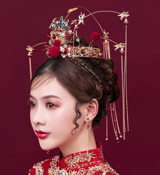 Traditional Chinese Bride Blueing Phoenix Hair Coronet Headdress Ancient Wedding Hair Accessories for Women