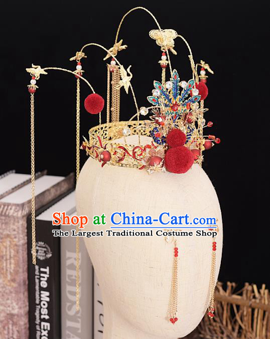 Traditional Chinese Bride Blueing Phoenix Hair Coronet Headdress Ancient Wedding Hair Accessories for Women