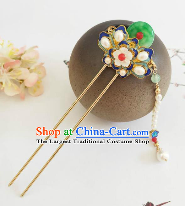 Traditional Chinese Qing Dynasty Cloisonne Jade Hairpin Headdress Ancient Court Hair Accessories for Women