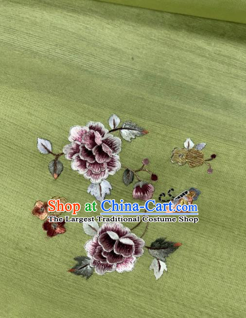 Chinese Traditional Embroidered Peony Pattern Design Green Silk Fabric Asian Hanfu Material