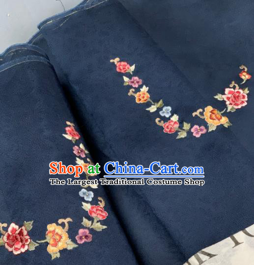 Chinese Traditional Embroidered Peony Pattern Design Navy Silk Fabric Asian Hanfu Material