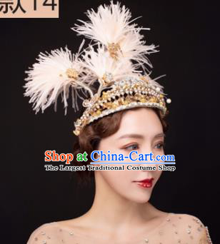 Traditional Chinese Stage Show Feather Golden Royal Crown Headdress Handmade Catwalks Hair Accessories for Women