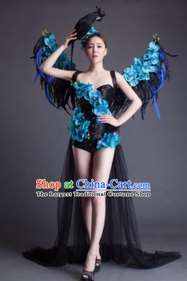Top Grade Modern Dance Black Feather Wings Dress Catwalks Compere Costume for Women