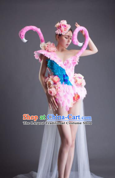 Top Grade Modern Dance Pink Flowers Flamingo Wings Dress Catwalks Compere Costume for Women