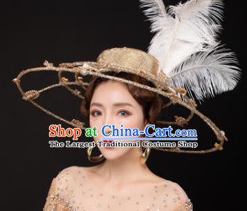 Traditional Chinese Stage Show Feather Golden Hat Headdress Handmade Catwalks Hair Accessories for Women