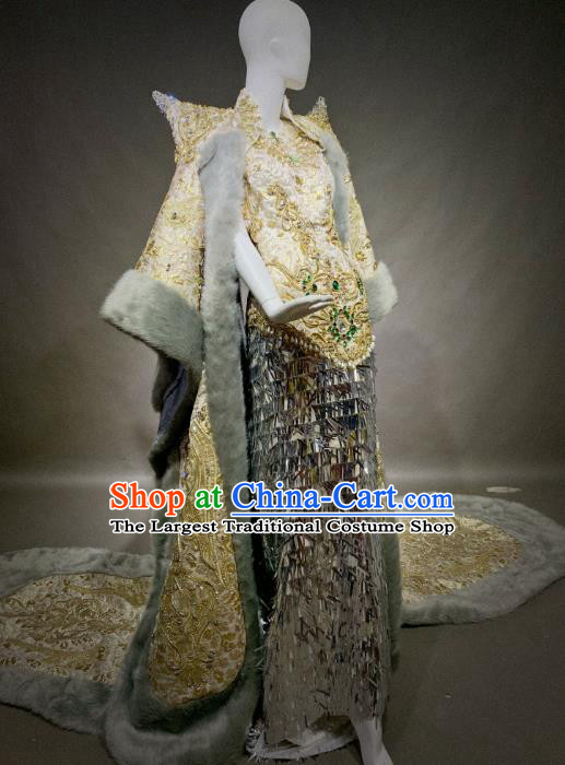 Top Grade Modern Dance Golden Costume Catwalks Embroidered Dress for Women