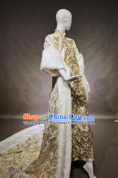 Top Grade Modern Dance Costume Catwalks Embroidered Golden Qipao Dress for Women
