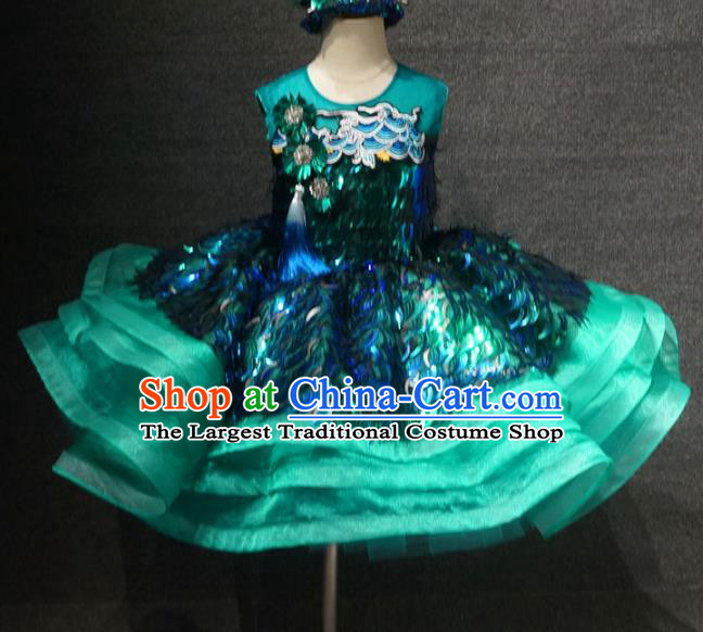 Top Grade Children Day Performance Green Sequins Short Dress Catwalks Stage Show Birthday Costume for Kids