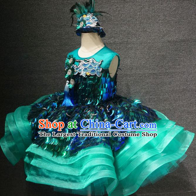 Top Grade Children Day Performance Green Sequins Short Dress Catwalks Stage Show Birthday Costume for Kids
