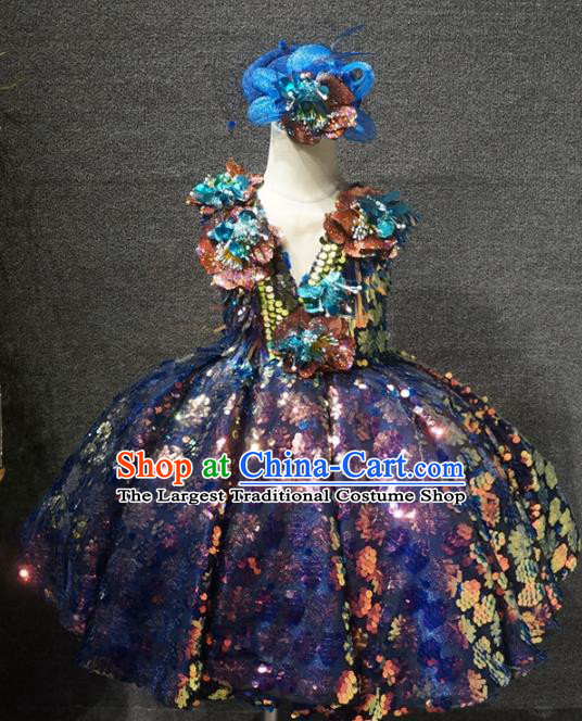 Top Grade Children Day Performance Deep Blue Sequins Short Dress Catwalks Stage Show Birthday Costume for Kids