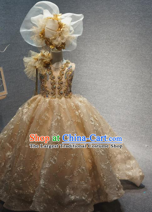 Top Children Piano Recital Embroidered Champagne Dress Catwalks Princess Stage Show Birthday Costume for Kids