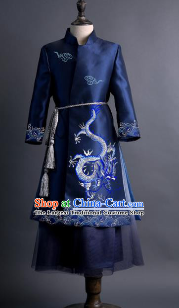 Traditional Chinese Children Classical Dance Embroidered Dragon Navy Tang Suit Compere Stage Performance Costume for Kids