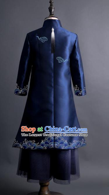 Traditional Chinese Children Classical Dance Embroidered Dragon Navy Tang Suit Compere Stage Performance Costume for Kids