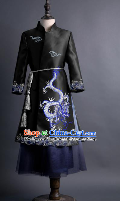 Traditional Chinese Children Classical Dance Embroidered Dragon Black Tang Suit Compere Stage Performance Costume for Kids