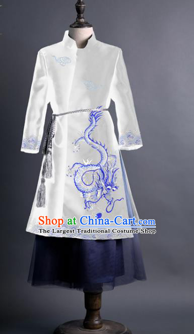 Traditional Chinese Children Classical Dance Embroidered Dragon White Tang Suit Compere Stage Performance Costume for Kids