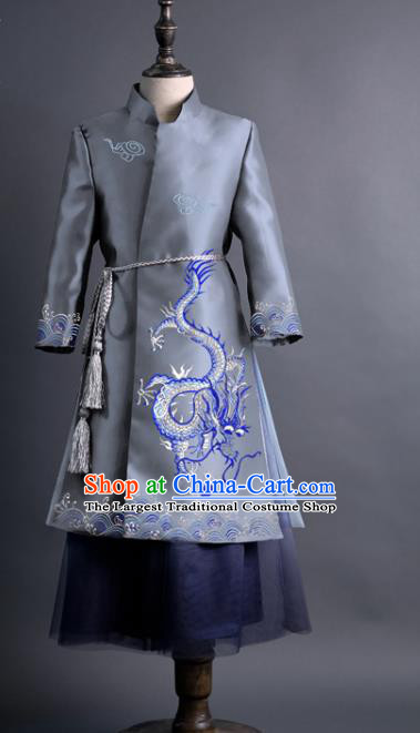Traditional Chinese Children Classical Dance Embroidered Dragon Grey Tang Suit Compere Stage Performance Costume for Kids