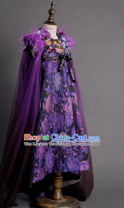 Top Children Princess Compere Purple Cloak Full Dress Catwalks Stage Show Dance Costume for Kids