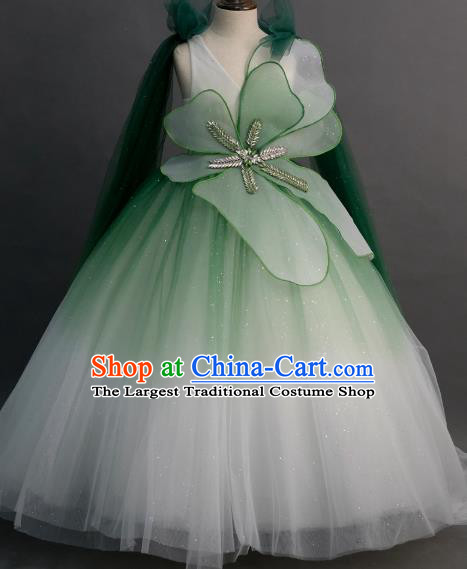 Top Children Fairy Princess Compere Light Green Full Dress Catwalks Stage Show Dance Costume for Kids