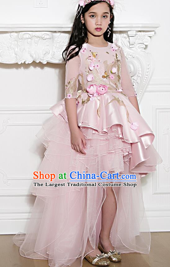 Top Children Fairy Princess Pink Trailing Full Dress Compere Catwalks Stage Show Dance Costume for Kids