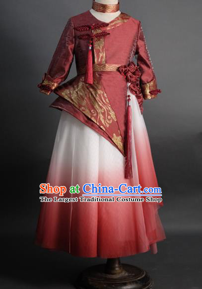 Traditional Chinese Catwalks Tang Suit Red Dress Compere Stage Performance Costume for Kids