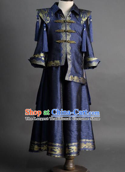 Traditional Chinese Children Embroidered Navy Tang Suit Compere Classical Dance Stage Performance Costume for Kids