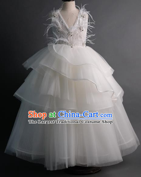 Top Children Flowers Fairy White Feather Veil Full Dress Compere Catwalks Stage Show Dance Costume for Kids