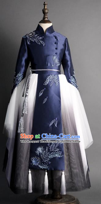 Traditional Chinese Catwalks Girl Navy Qipao Dress Compere Stage Performance Costume for Kids