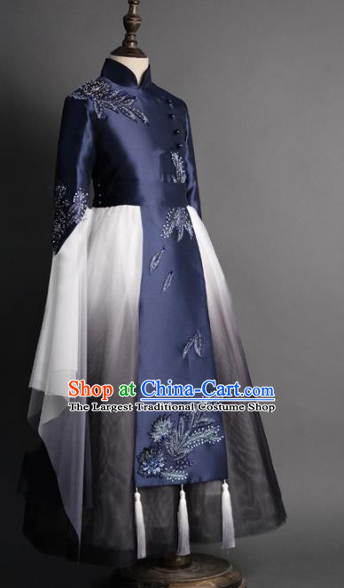 Traditional Chinese Catwalks Girl Navy Qipao Dress Compere Stage Performance Costume for Kids