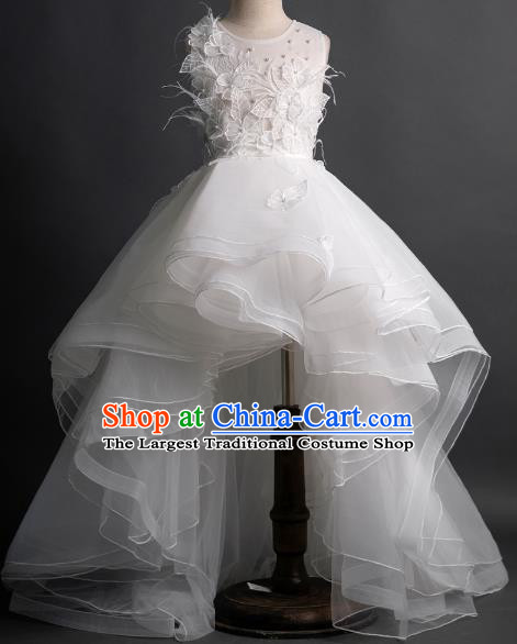 Top Children Fairy Princess White Trailing Full Dress Compere Catwalks Stage Show Dance Costume for Kids