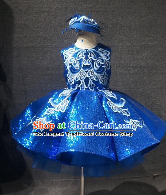 Top Children Kindergarten Performance Blue Short Dress Catwalks Stage Show Birthday Costume for Kids