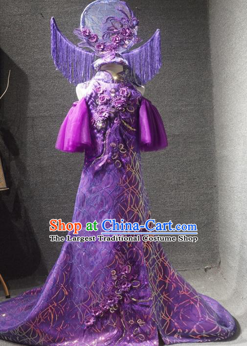 Traditional Chinese New Year Purple Qipao Dress Catwalks Compere Stage Show Costume for Kids