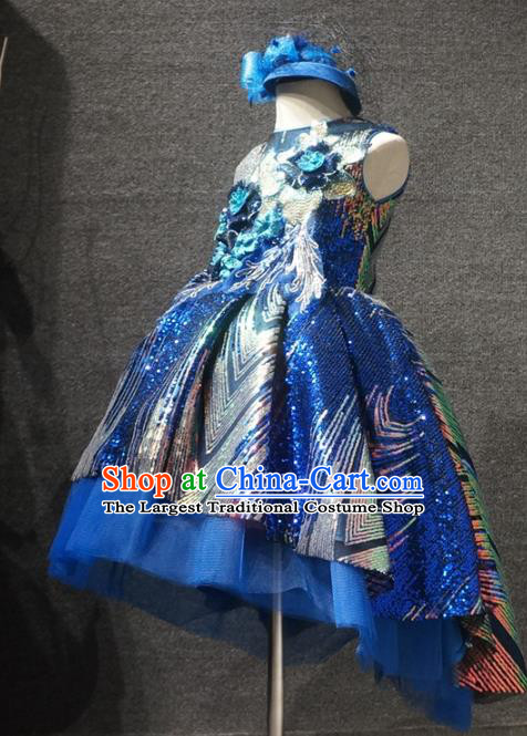 Top Kindergarten Children Day Royalblue Sequins Dress Catwalks Stage Show Birthday Costume for Kids