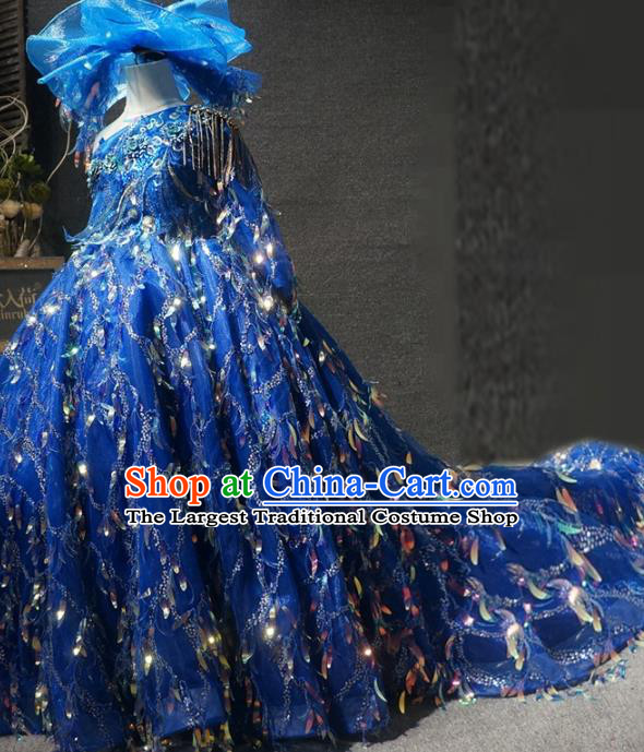 Top Children Piano Recital Blue Trailing Full Dress Catwalks Princess Stage Show Birthday Costume for Kids