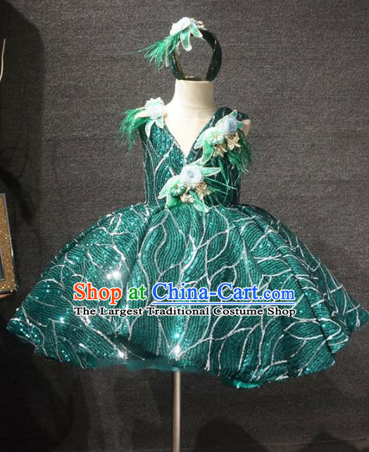 Top Children Dance Green Paillette Short Dress Catwalks Princess Stage Show Birthday Costume for Kids