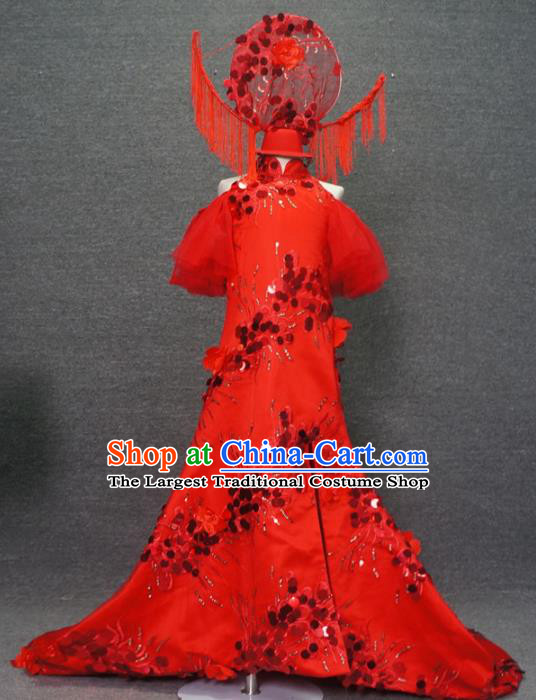 Traditional Chinese Catwalks Red Trailing Qipao Dress Compere Stage Performance Costume for Kids