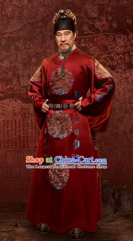 Chinese Ancient Drama Ming Dynasty Yongle Emperor Zhu Di Imperial Robe Replica Costumes and Headpiece Complete Set