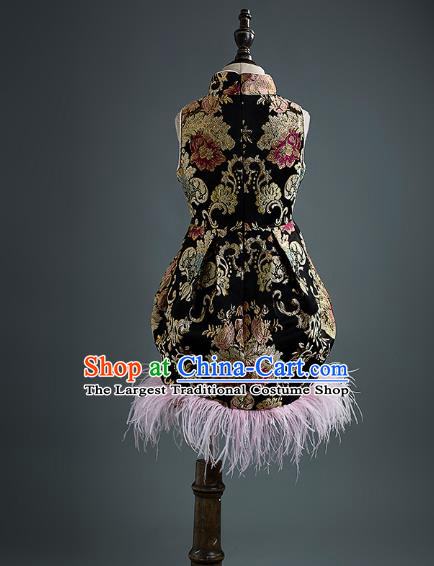 Traditional Chinese Classical Dance Black Qipao Dress Compere Stage Performance Costume for Kids