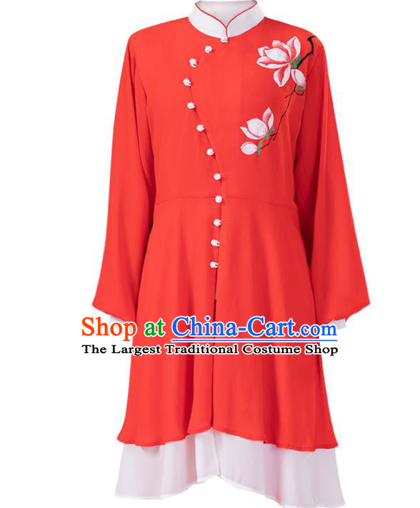 Traditional Chinese Tai Chi Hand Painting Mangnolia Red Suits Martial Arts Stage Performance Costumes for Women
