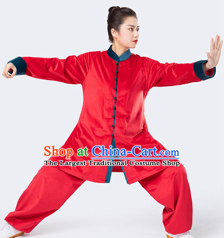 Traditional Chinese Tai Chi Red Velvet Outfits Martial Arts Stage Performance Costumes for Women