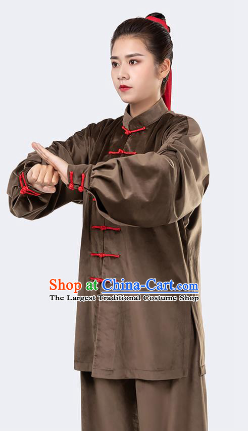 Traditional Chinese Tai Chi Competition Deep Brown Velvet Outfits Martial Arts Stage Performance Costumes for Women