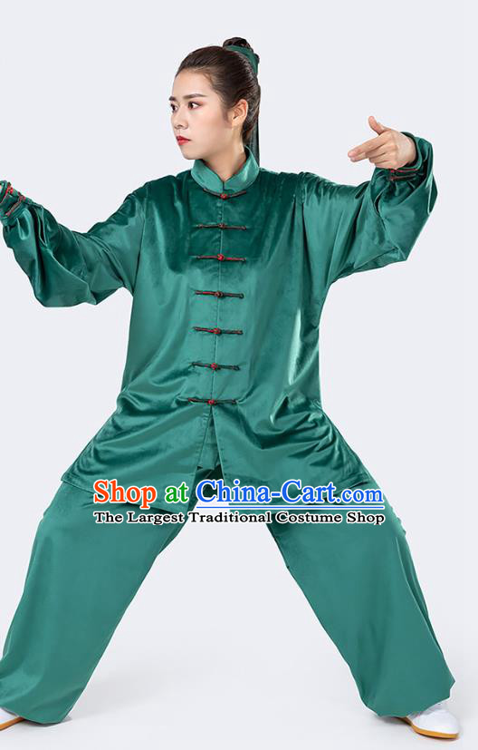 Traditional Chinese Tai Chi Competition Green Velvet Outfits Martial Arts Stage Performance Costumes for Women