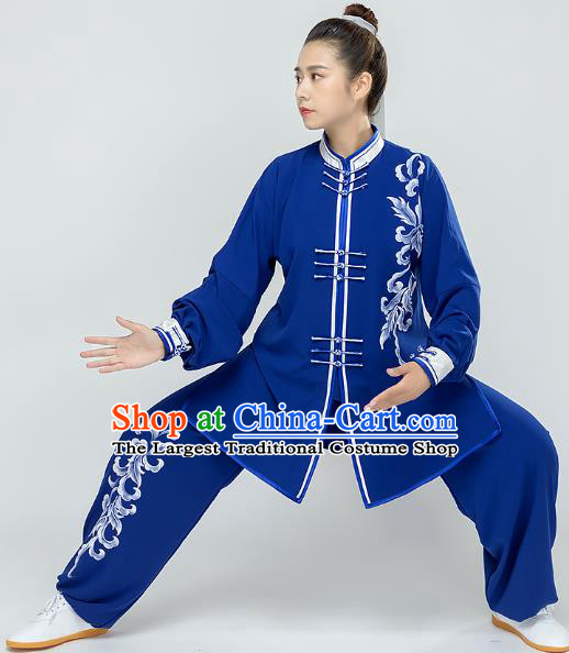 Traditional Chinese Tai Chi Kung Fu Blue Outfits Martial Arts Stage Performance Costumes for Women