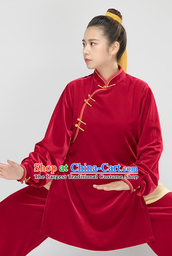Top Tai Chi Kung Fu Red Pleuche Outfits Chinese Traditional Martial Arts Stage Performance Costumes for Women
