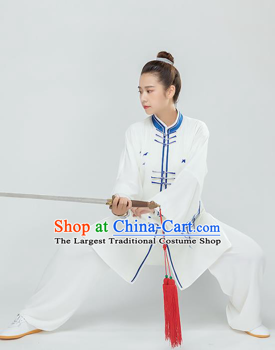 Top Tai Chi Kung Fu Printing Feather White Outfits Chinese Traditional Martial Arts Stage Performance Costumes for Women