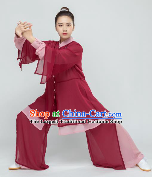 Top Tai Chi Kung Fu Hand Painting Mangnolia Wine Red Outfits Chinese Traditional Martial Arts Stage Performance Costumes for Women