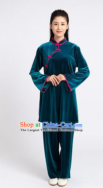 Top Tai Chi Kung Fu Competition Peacock Blue Pleuche Outfits Chinese Traditional Martial Arts Costumes for Women