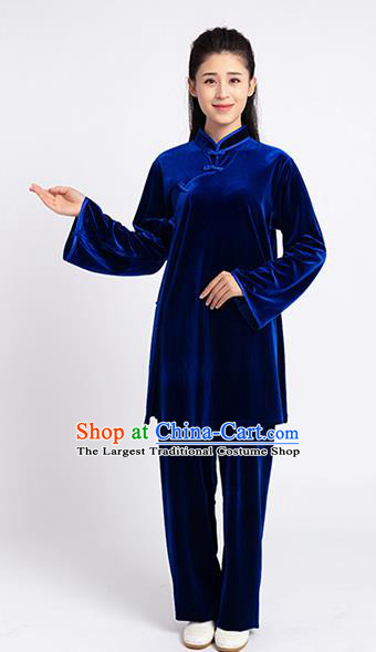 Top Tai Chi Kung Fu Competition Royalblue Pleuche Outfits Chinese Traditional Martial Arts Costumes for Women