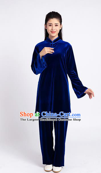 Top Tai Chi Kung Fu Competition Royalblue Pleuche Outfits Chinese Traditional Martial Arts Costumes for Women
