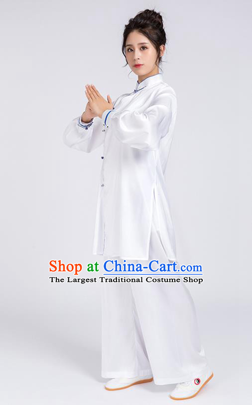 Top Chinese Martial Arts Blue Edge Outfits Traditional Tai Chi Kung Fu Training Costumes for Women