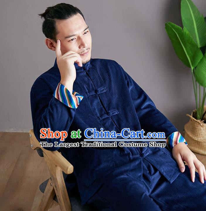 Chinese Martial Arts Deep Blue Corduroy Outfits Traditional Tai Chi Kung Fu Training Costumes for Men